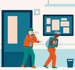School bully bullying sad victim - cartoon boys in corridor interior. Mean child harassing and teasing unhappy African classmate trying to walk away, vector illustration.