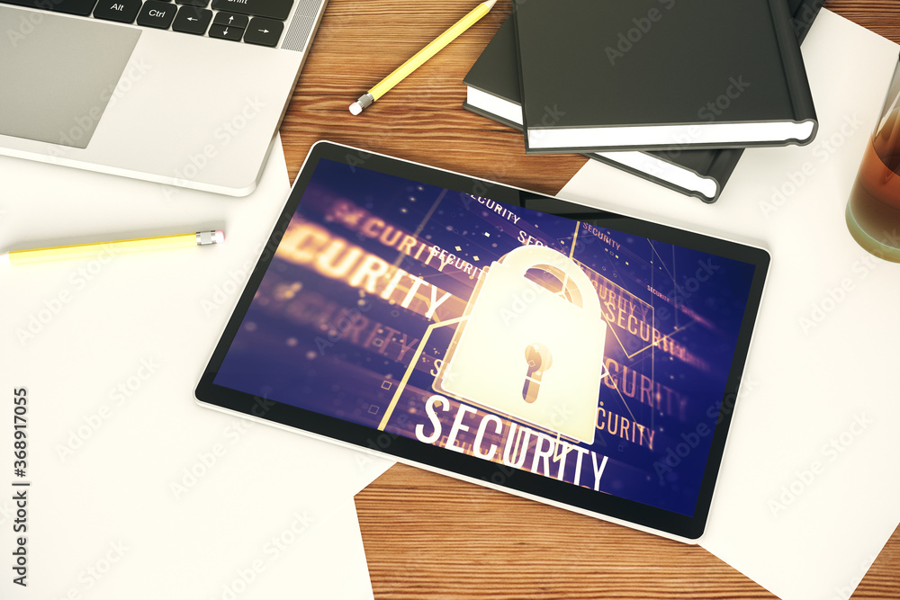 Poster creative lock sketch with chip hologram on modern digital tablet screen, protection of personal data