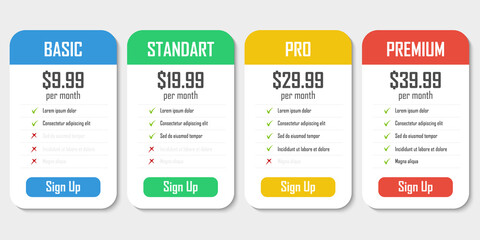 Set of pricing plans. Templates table in flat design. Table tariff banner for websites and applications. Vector illustration.