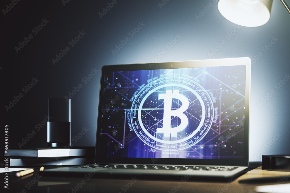 Aufkleber modern computer monitor with creative bitcoin symbol. cryptocurrency concept. 3d rendering