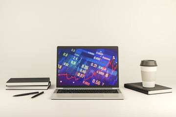 Fototapeta premium Modern computer monitor with abstract creative financial chart, research and strategy concept. 3D Rendering