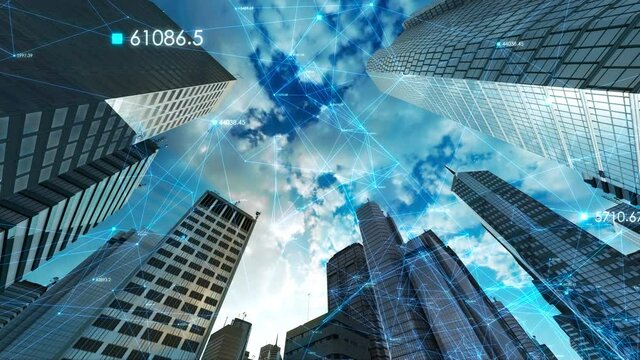 ホログラムが浮遊するビル街を疾走する3Dモーショングラフィックス