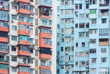 Old colorful apartment building in Hong Kong city