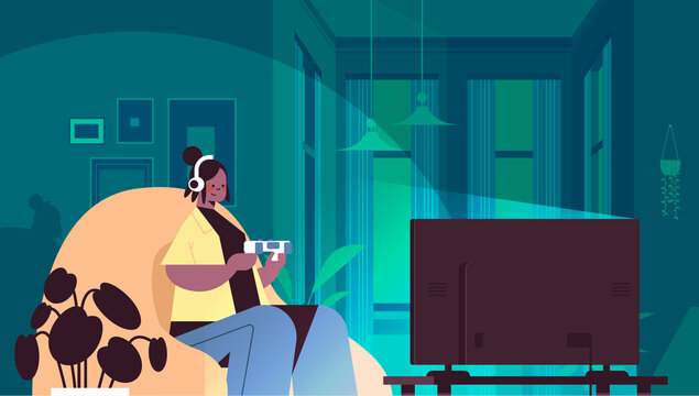 young woman using joystick playing video games on tv woman resting at home living room interior horizontal portrait vector illustration