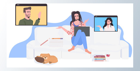 woman in headphones chatting with mix race colleagues in web browser windows during video call online conference meeting remote work self isolation concept horizontal vector illustration