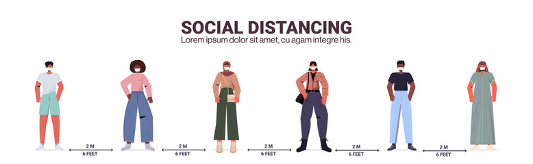 mix race people keeping 2 meters distance to prevent coronavirus pandemic social distancing concept horizontal full length vector illustration