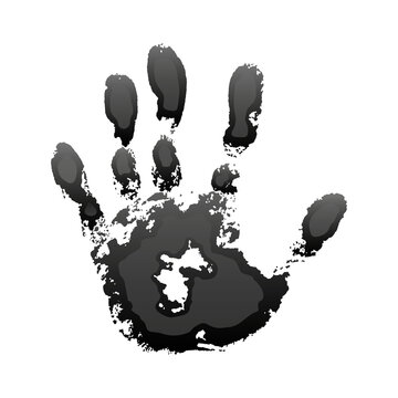 Hand paint print 3D, isolated white background. Black human palm and fingers. Abstract art design, symbol identity people. Silhouette child, kid, people handprint. Grunge texture. Vector illustration