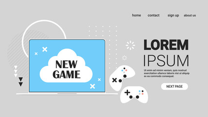 new game on laptop screen with gaming controllers video games concept horizontal copy space vector illustration © mast3r