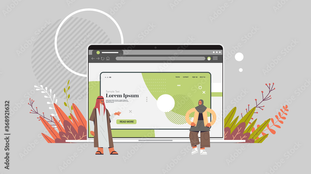 Poster arab couple creating custom design on laptop screen application development web design concept horiz