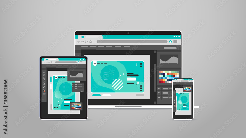 Poster laptop tablet and smartphone screns cross platform application development adaptive user interface r