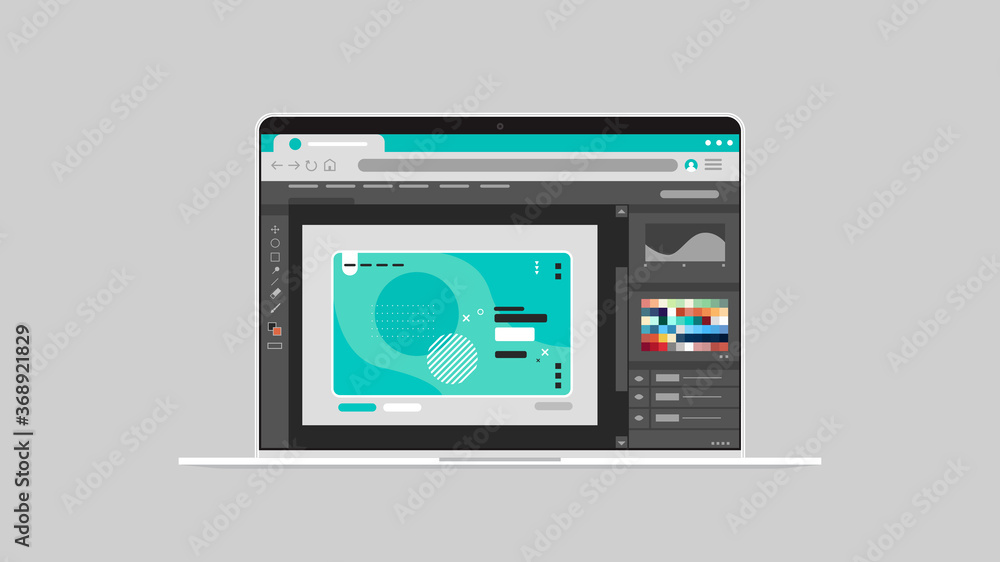 Poster graphic editor on laptop screen creative content configuration design concept horizontal vector illu