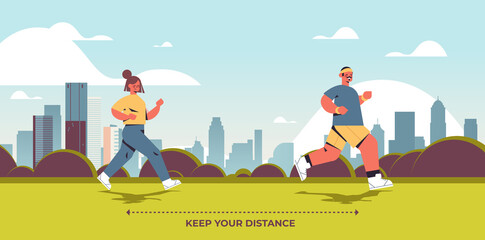 people keeping 2 meters distance to prevent coronavirus pandemic social distancing concept man woman running in urban park cityscape background horizontal full length vector illustration