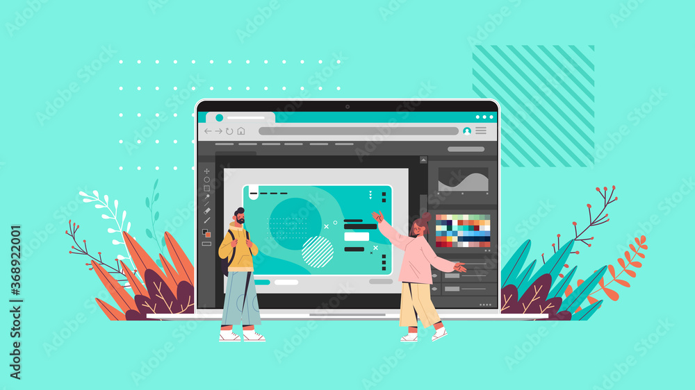Poster designers couple working with graphic editor on laptop screen creative content configuration design 