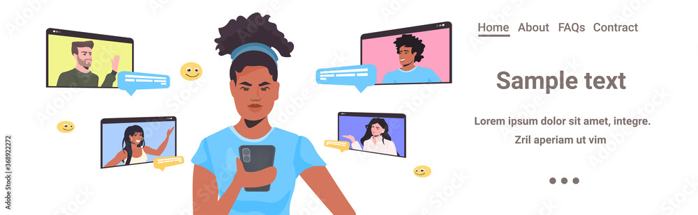 Poster woman using smartphone chatting with mix race friends in web browser windows during video call onlin