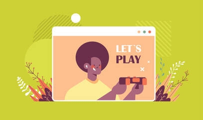 young man in headphones playing video games african american guy having fun web browser window horizontal portrait vector illustration