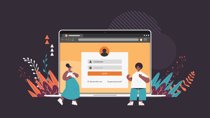 african american couple creating custom design on laptop screen application development adaptive user interface responsive web design horizontal full length vector illustration