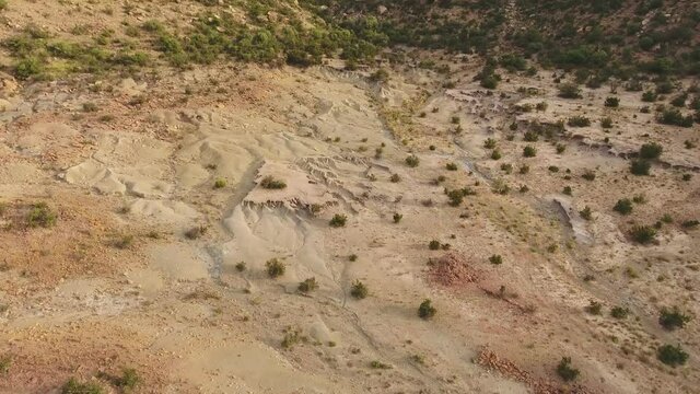 Aerial view of severe soil erosion in an arid region of South Africa