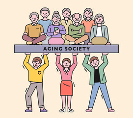 A young generation is struggling to support an aging society. flat design style minimal vector illustration.