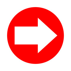 circle red with arrow pointing right for icon isolated on white, circle with arrow for button interface app, arrow sign of next or download upload concept, arrow flat simple symbol for direction