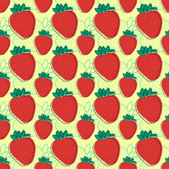 colorful fresh fruit strawberry red seamless pattern isolated in yellow background