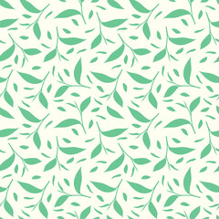 fresh green tea leafs seamless pattern isolated in white background