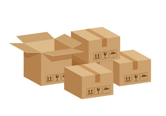 stack crate boxes brown and box open isolated on white, cardboard box for factory warehouse storage, cardboard parcel boxes, pile of warehouse factory, packaging boxes brown cargo industrial logistic