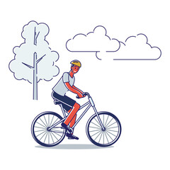 African american man riding bike. Cartoon male in helmet on bicycle riding over nature landscape