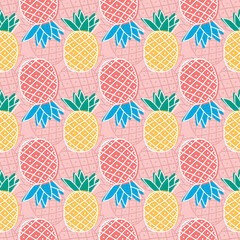 colorful fresh tropic fruit pineapples seamless pattern isolated in pink background