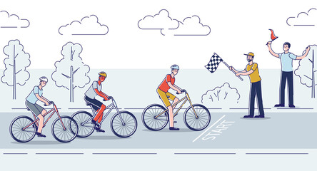 Naklejka premium Group of cyclist finish road bicycle race marathon. Athlete on bicycle finishing ride competition