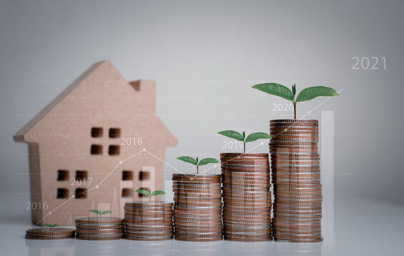 Money coin stack growing graph and house model on gray background.