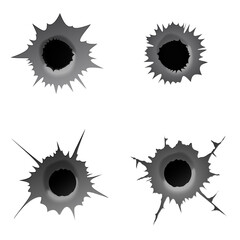 Bullet hole on white background. Set of realisic metal bullet hole, damage effect. Vector illustration.