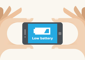 Low battery message icon on mobile phone screen. Concepts: recharge symbol, capacity, energy, power banks, lithium-ion batteries limit, discharge, power consumption, alternative energy sources