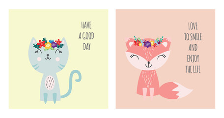 Cute animals wearing flower crowns - cartoon baby cat and fox card set