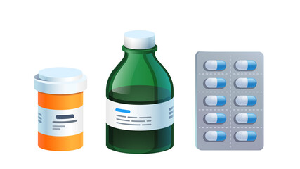 Meds, pill blister, glass bottle with medicine
