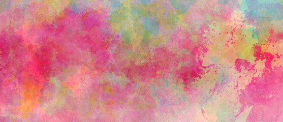 watercolor background in pink green blue and yellow blotches, grunge texture painting in colorful distressed paper design with abstract blobs and blotches