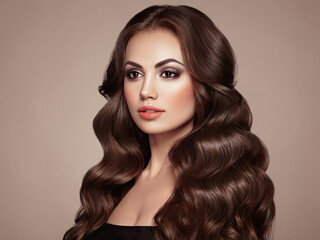 Fototapeta premium Brunette woman with long and volume shiny wavy hair . Beautiful model with curly hairstyle. Perfect make-up. Beauty style model
