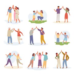 Fototapeta na wymiar Characters joyful give five set. Gesture of cheerful successful team meeting sudden good news people clap their hands friendly partnership happy childrens game. Communication vector .