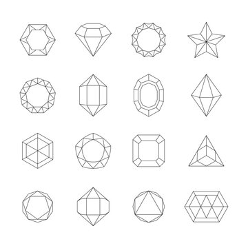 Geometric outline crystals set. Contours of jewelry stones minerals various abstract shapes pyramidal oval with convex edges triangular creative tracery for games mobile interfaces. Vector gem.