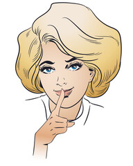 Portrait sly girl. Smiling girl in puts forefinger to lips. Stock illustration.