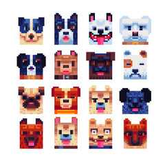 Dog faces characters, 16 Bit pixel art animal emoji icon set, design for logo, sticker, web, logo shop, mobile app, isolated vector illustration. Dog head. Game assets 8-bit sprite.