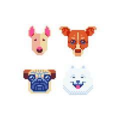 Naklejka premium Dog faces characters, 16 Bit pixel art animals icon set, design for logo, sticker, web, logo shop, mobile app, isolated vector illustration. Dog head. Game assets 8-bit sprite.