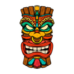 Illustration of Tiki tribal wooden mask. Design element for logo, emblem, sign, poster, card, banner. Vector illustration