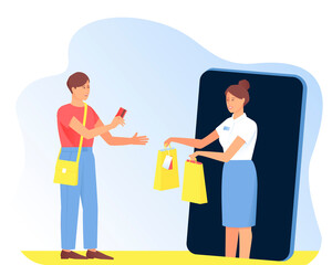 The seller gives the purchases to the buyer from the phone. Online shopping concept. The customer pays for their purchases by card.  Flat vector illustration.
