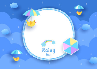 Fototapeta na wymiar Rainy day background with umbrella bird on circle frame template