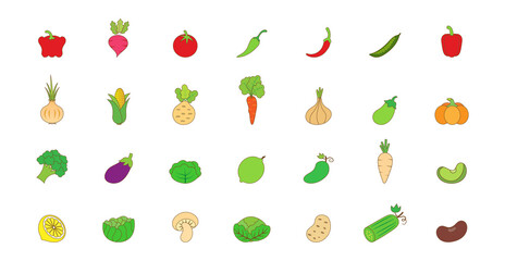 Vegetables flat icon collection set isolated on white background.Healthy food.Vector.Illustration.