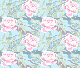 Seamless retro floral pattern.White-pink peony flowers on a light blue background.