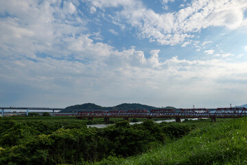 Blue sky on the banks of the Kizugawa River in Kyoto, Japan on July 19, 2020.