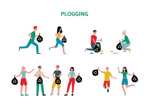 Plogging initiative characters and icons set, flat vector illustration isolated.