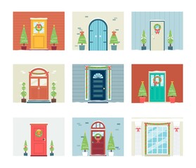 Fototapeta premium Front door of house decorated for Christmas - isolated festive set