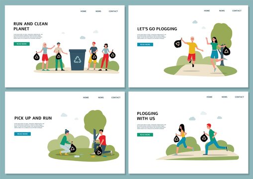 Plogging ecological running maraphone web banners flat vector illustration on white background.